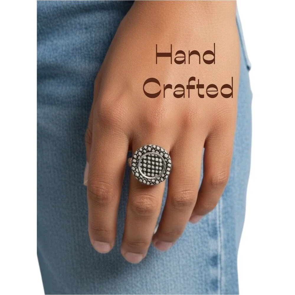 Hand Crafted Brown Cream Plaid Fabric Button Adjustable Ring NWT OS